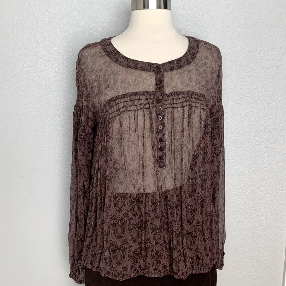 To The Max Blouse Tunic Top Womens Size XS Burgundy Sheer Floral Print